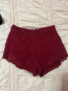 Essentials High-Waist Lace-Trim Shorts in Burgundy